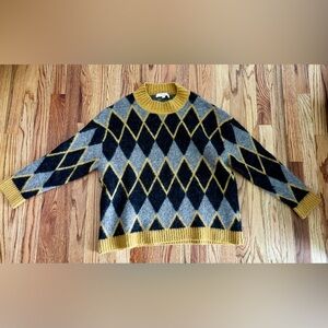 Men's Argyle Crewneck Made in Italy Sweater - Mustard, Gray and Black - Medium